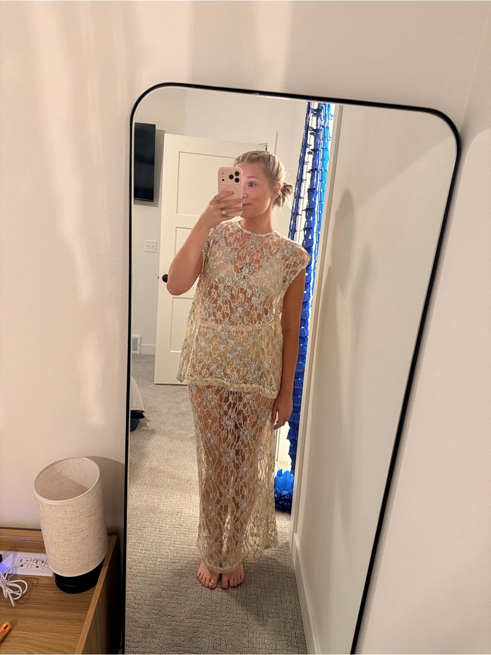 Sheer Metallic Lace Robe Set in Gold - Picture 1 of 5
